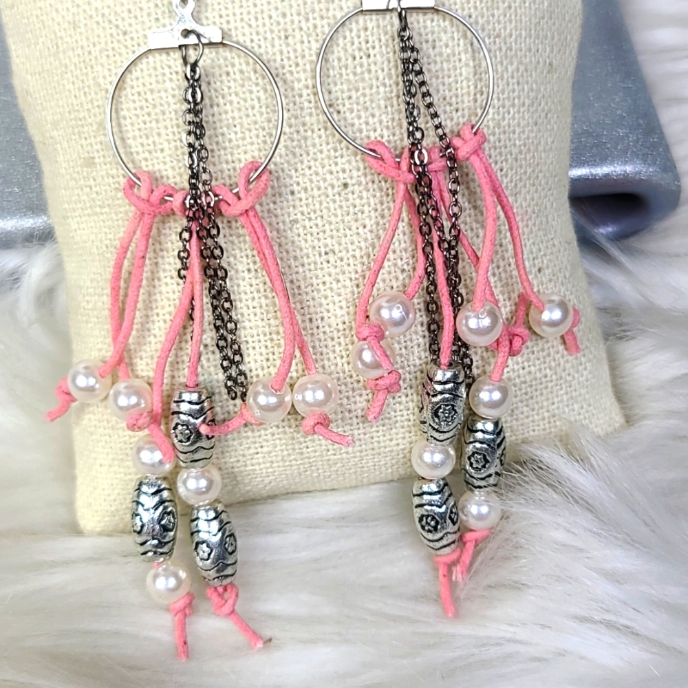 Dream Catcher Earrings Pearls Pink Dangle Handmade Statement Silver Tone New - Picture 3 of 4